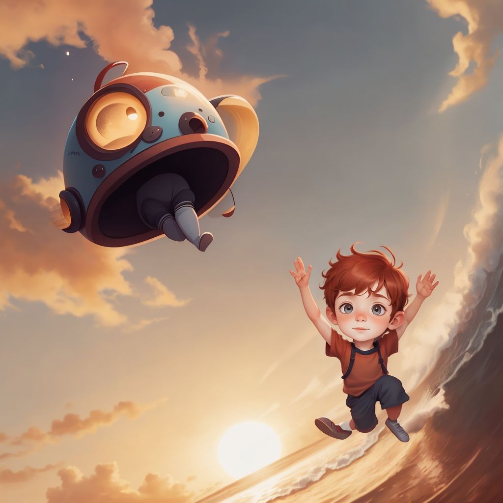 Groog waving goodbye from his flying saucer as it takes off into the sunset sky. Ali waves back, smiling.