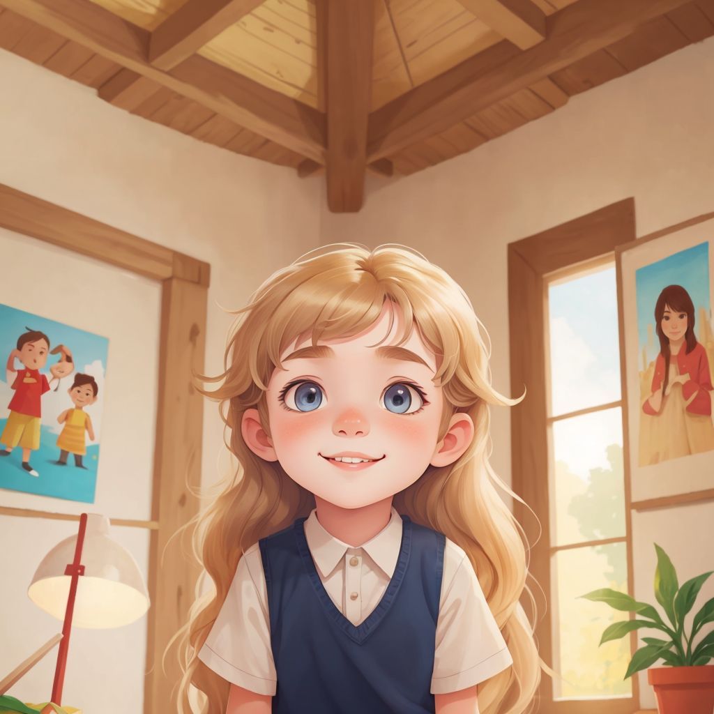 Ollibob's room filled with colorful and imaginative pictures, with Ollibob looking happy and proud