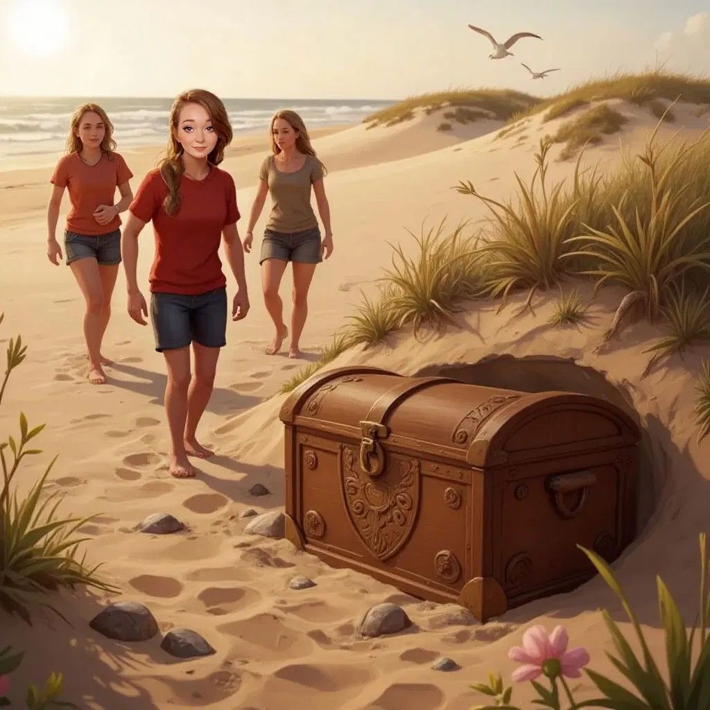 A wooden chest with carved designs hidden under sand, Claudia and friends approaching it