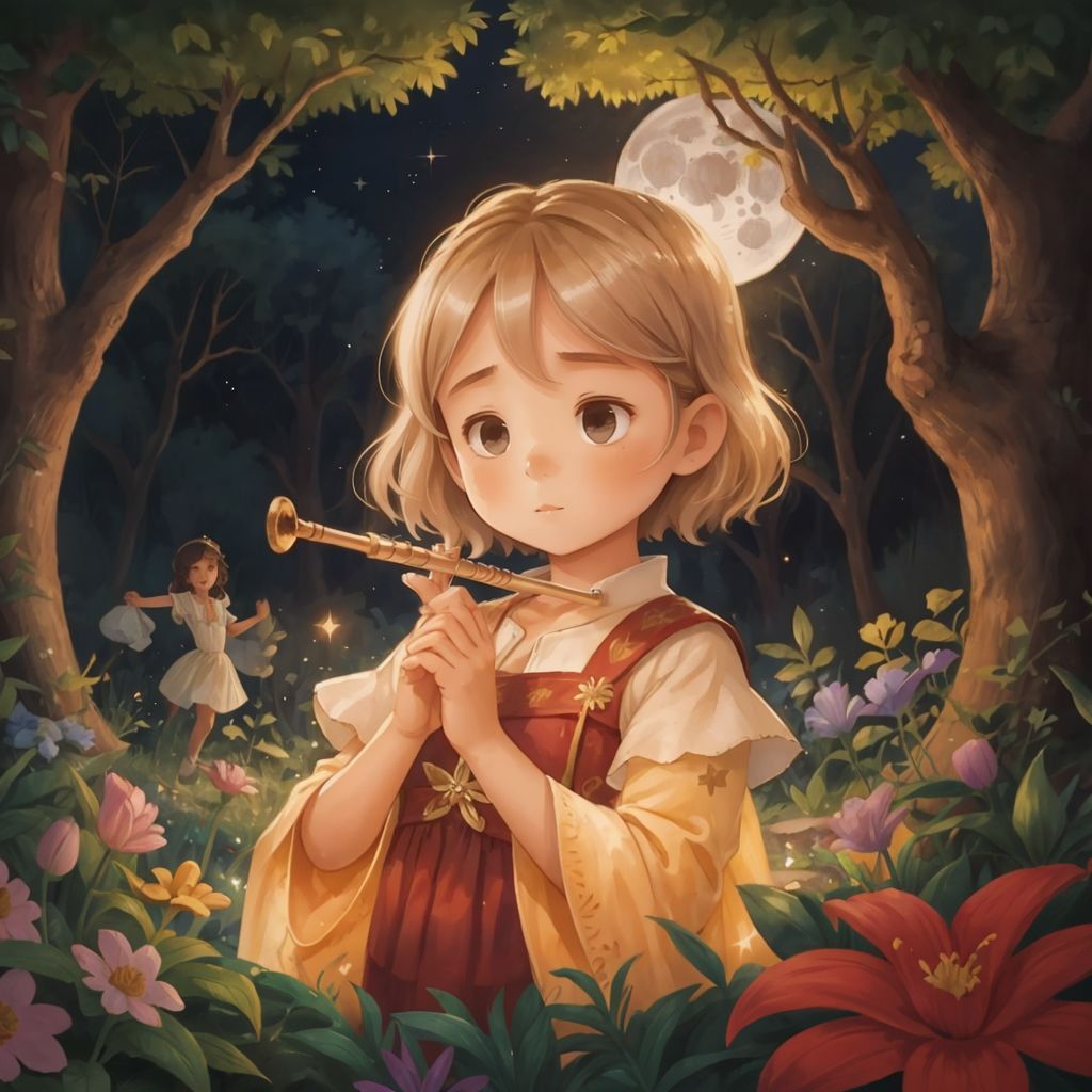 Luna playing a glowing flute with her eyes closed, surrounded by dancing moonbeams in a magical garden. Her face shows joy and confidence.
