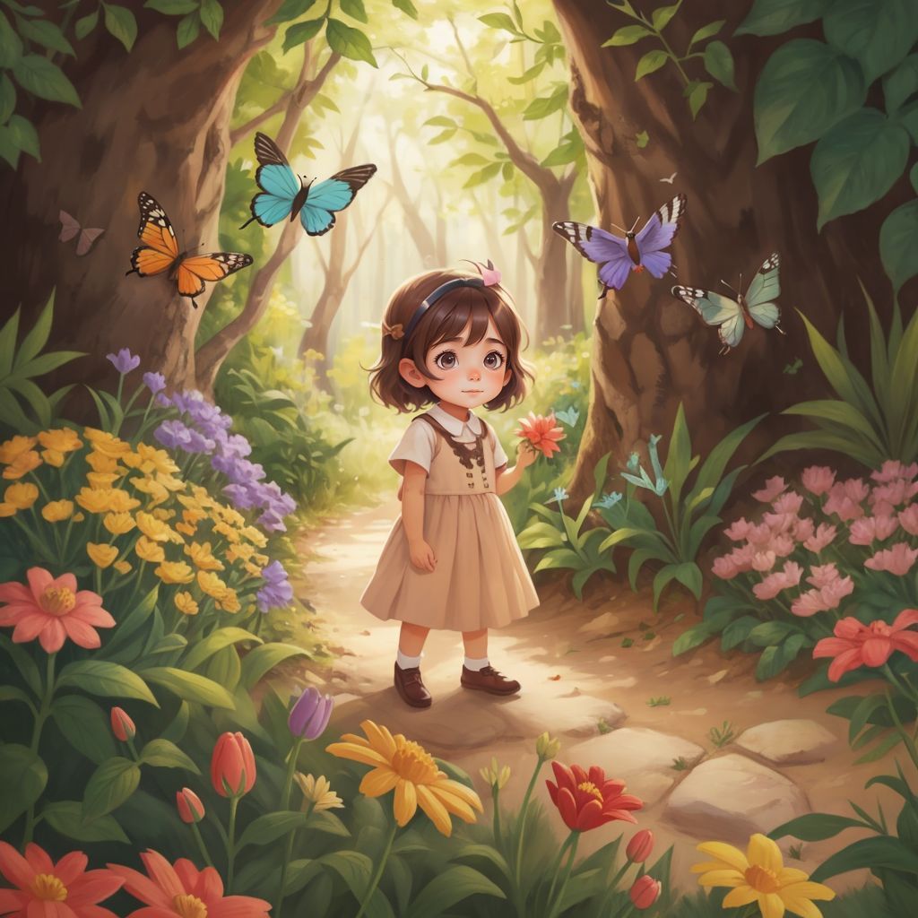 Antonia standing at the beginning of a path with butterflies and birds around her, flowers in the background