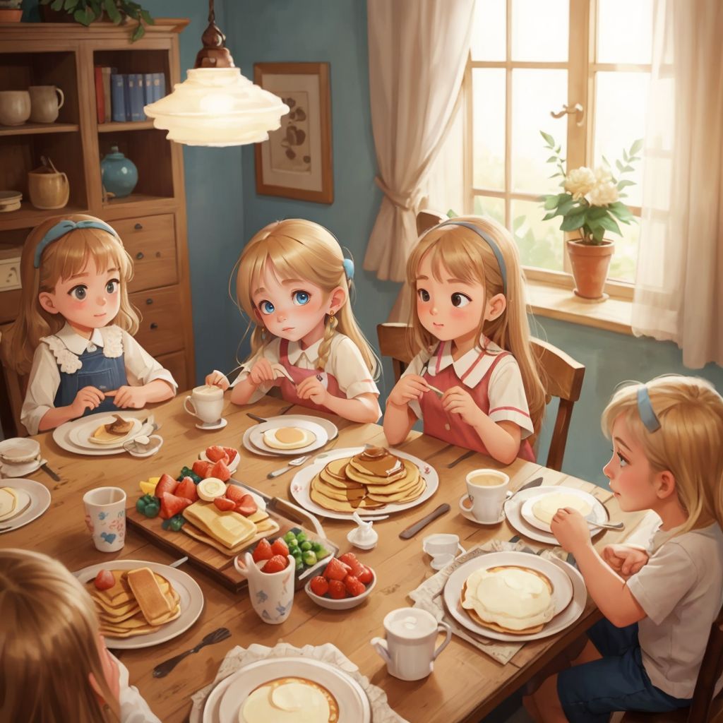Nika and her family sitting together, laughing and enjoying pancakes.