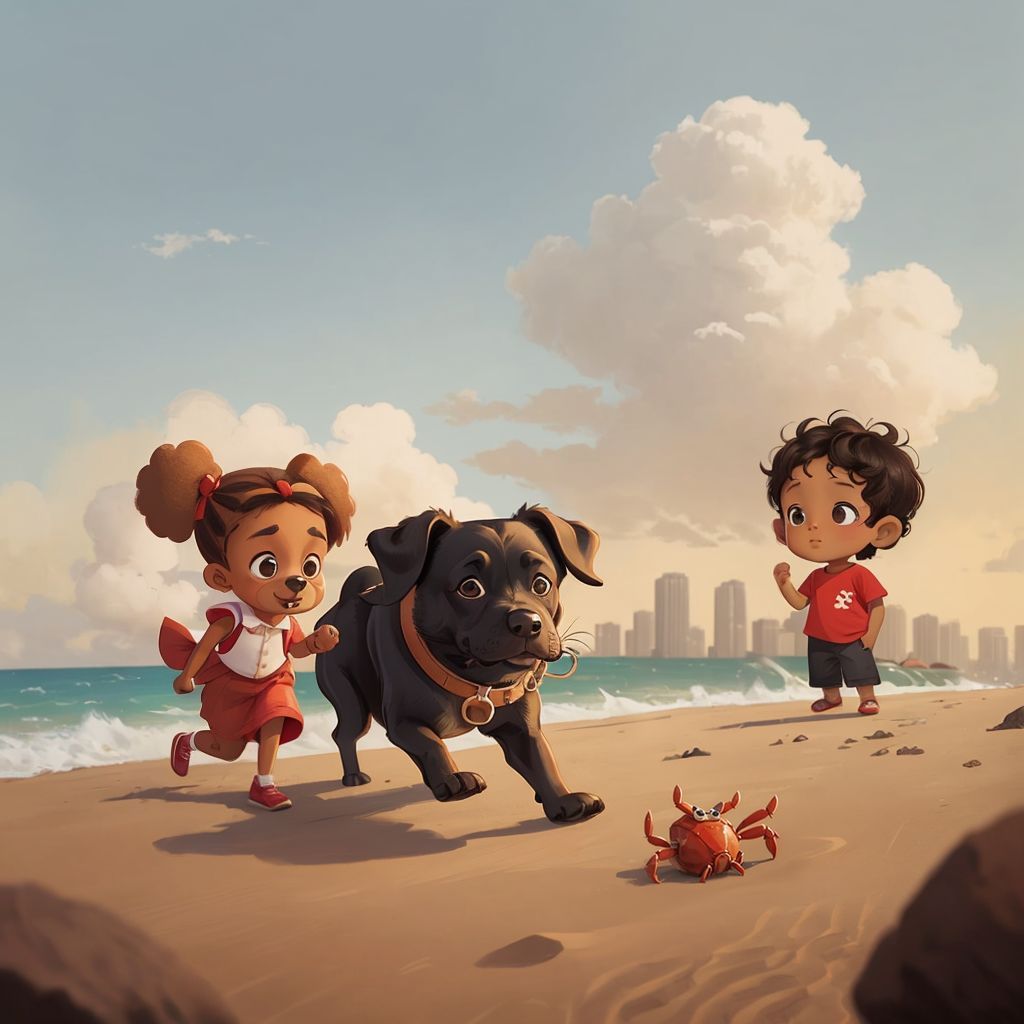 Lady chasing a crab along the sand, Lina and Lennox cheering, the crab hiding away