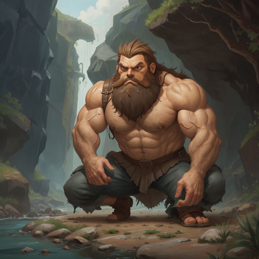 Grumpy the Giant kneeling by a river, laughing heartily at his reflection