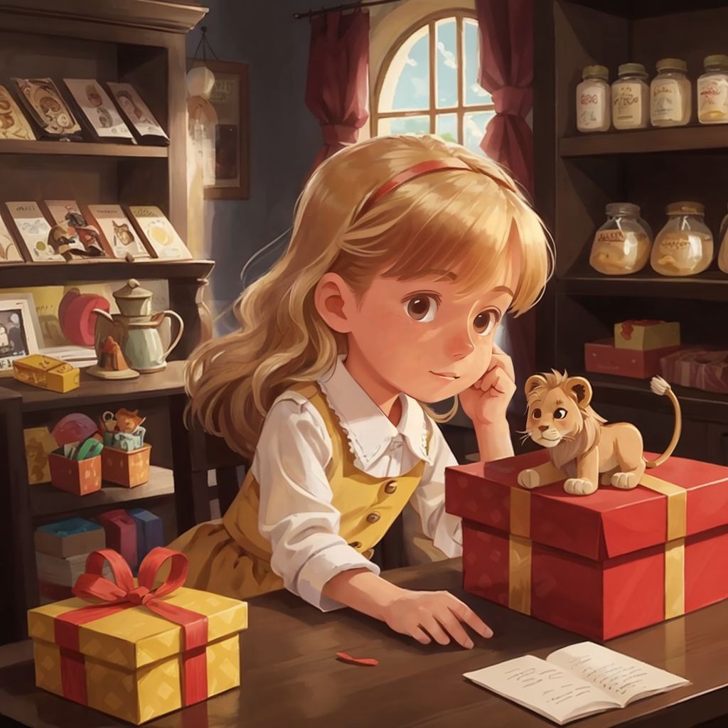 Amanda buying a small toy lion in the gift shop, with colorful ribbons for Trouble, Sunflower, and Katnis.