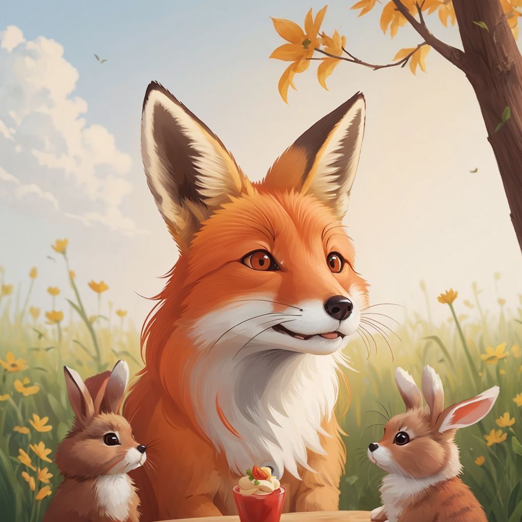 Felix the fox sharing food with hungry rabbits, with a joyful expression on his face.