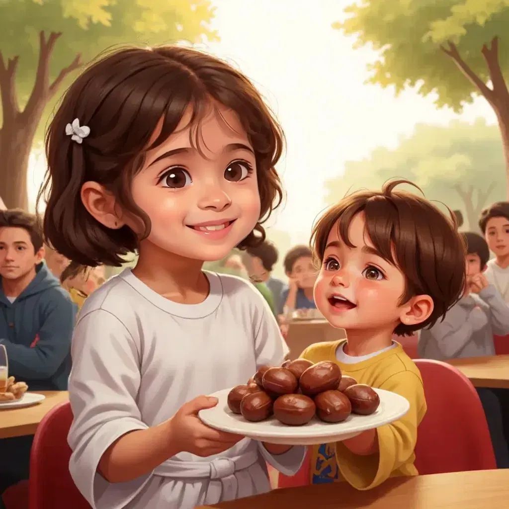 Dina standing next to Omar, offering her plate of dates with a kind smile, Omar looking up with excitement. dina hair is pigtails. dina wearing a dress. her hair is medium long omar head is smaller than dina