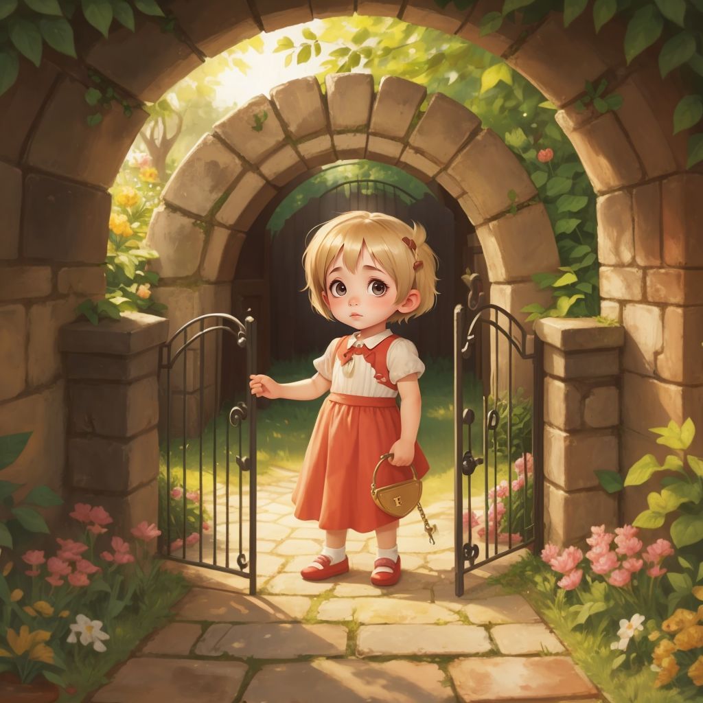 Alice standing in front of a hidden gate in the garden, holding an old key