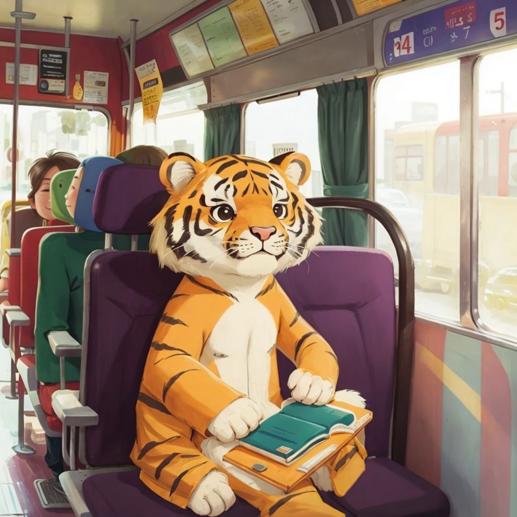 Jaden the nervous tiger sitting on a bus, looking out the window with excitement