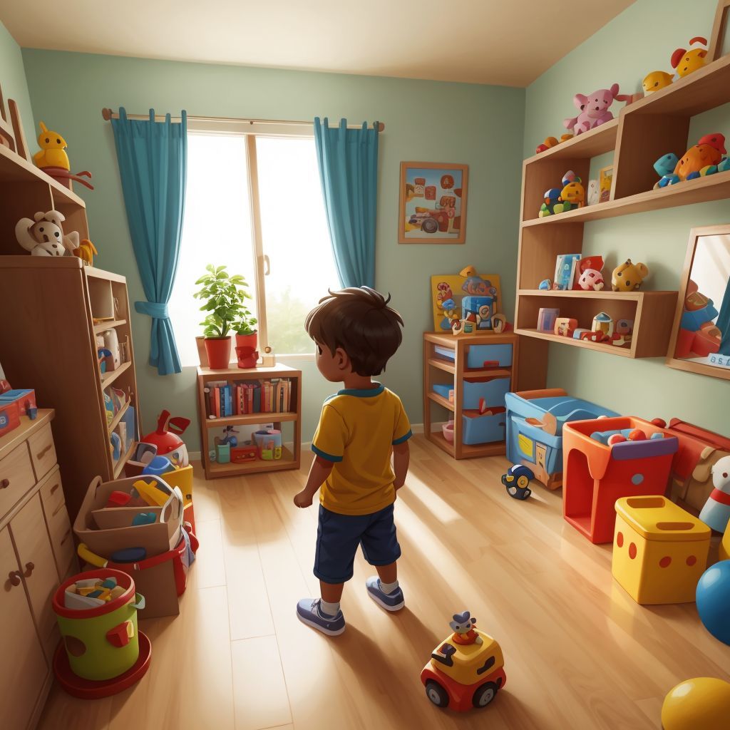 Kai exploring a room filled with various toys and activities. His parents are watching proudly from the background.