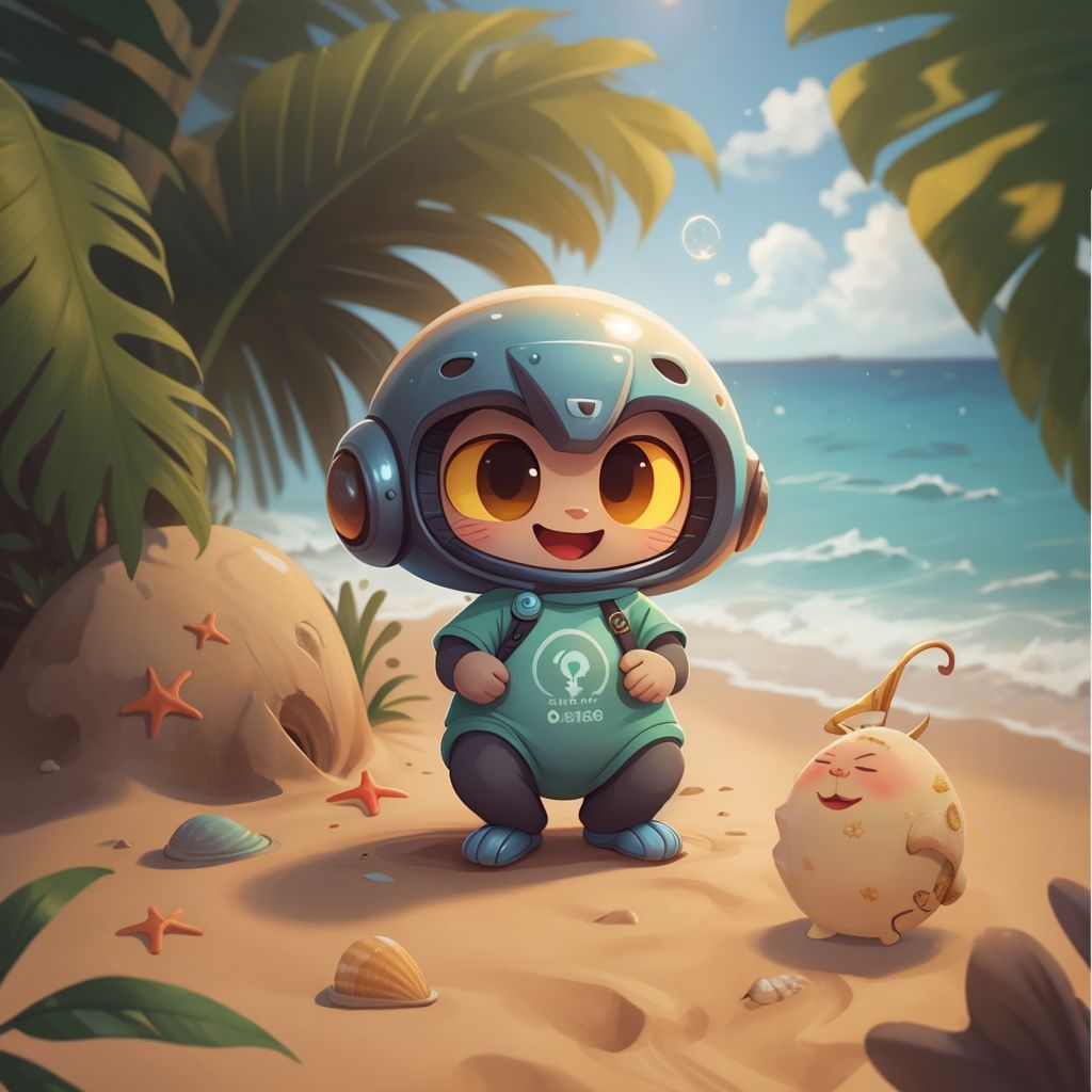 Groog holding a sparkling shell, looking amazed, with a beach bag full of shells beside him.
