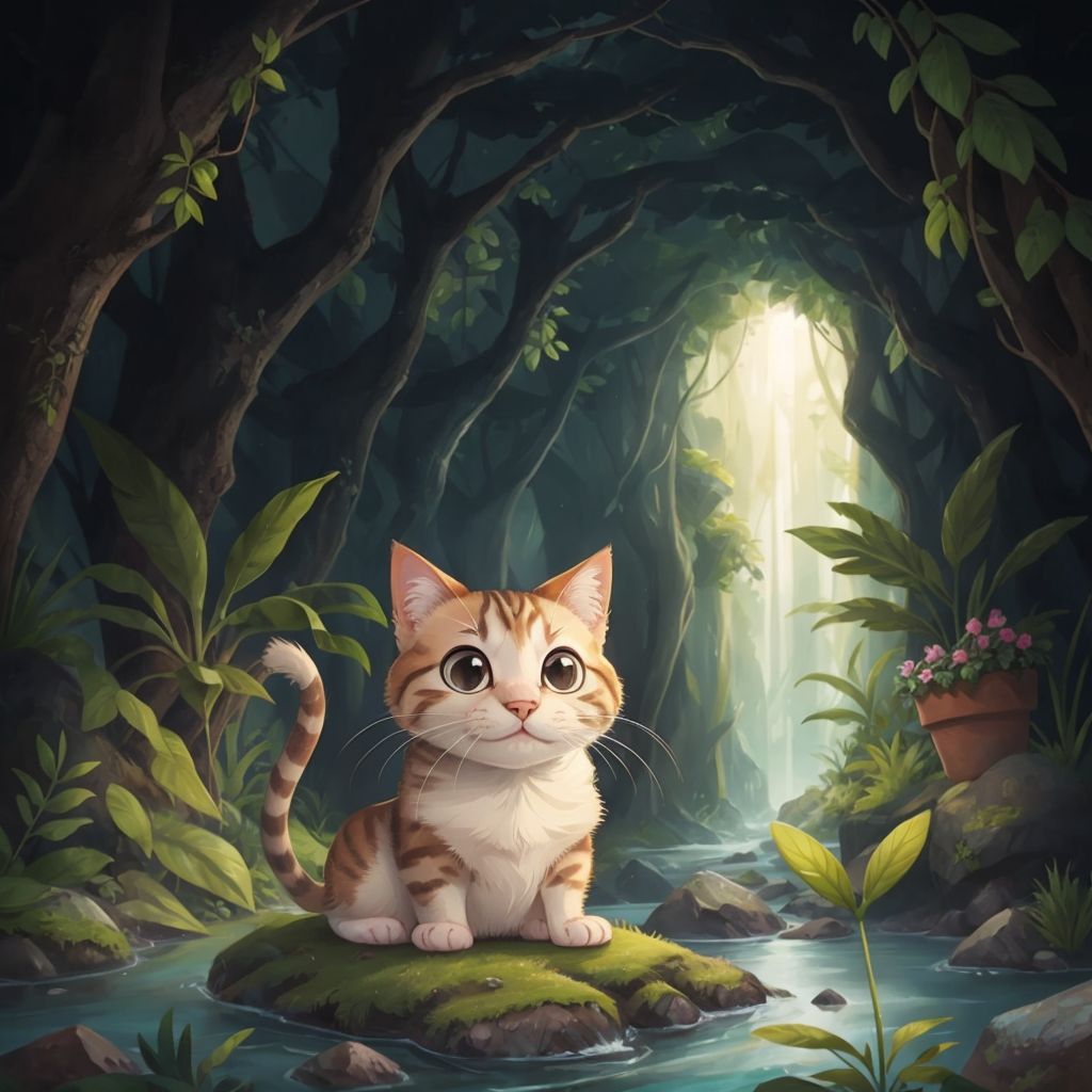 Whiskers the cat meeting friendly aliens on a mysterious planet with glowing plants and floating rivers