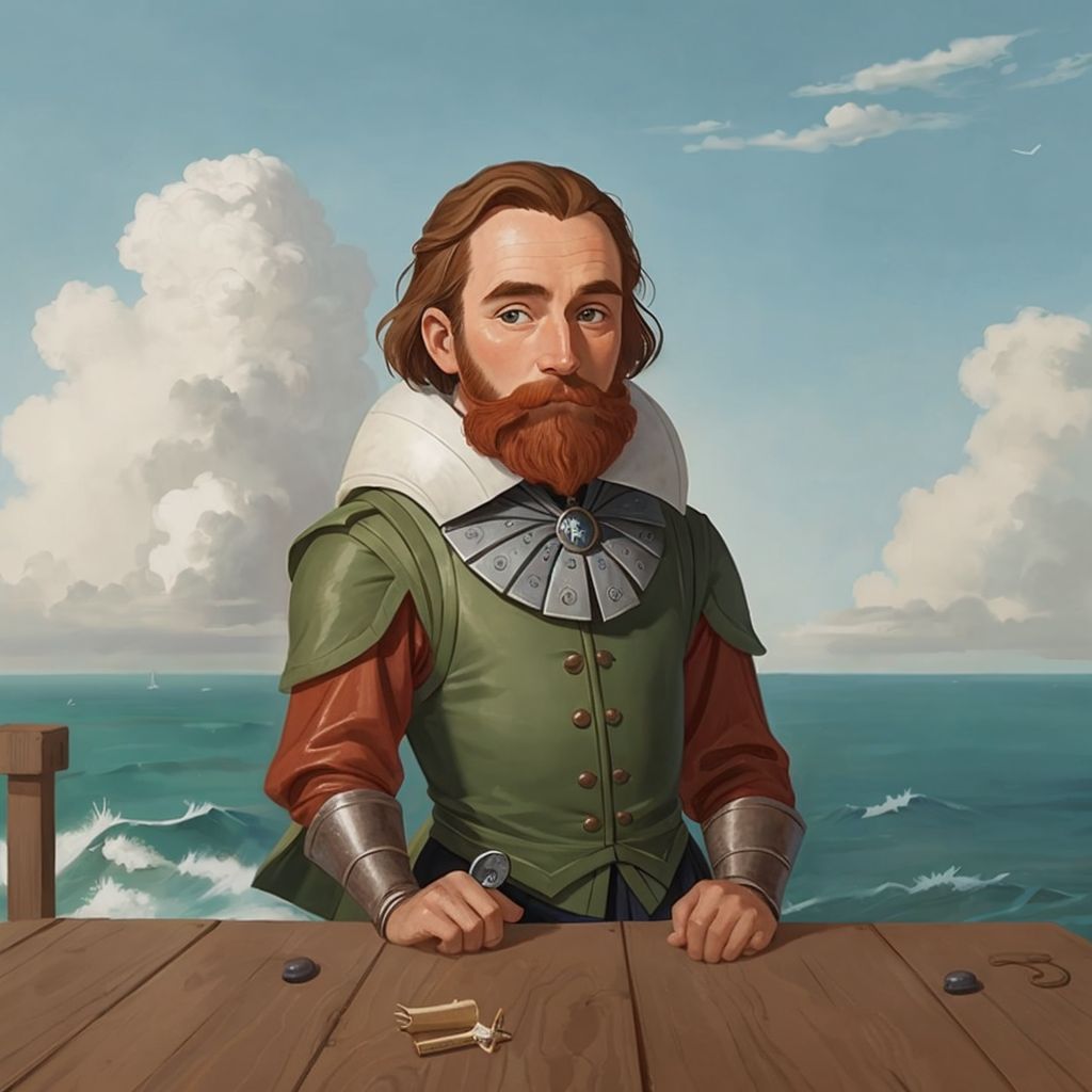 Christopher Jones standing on the deck of the Mayflower, with the sea and sky in the background