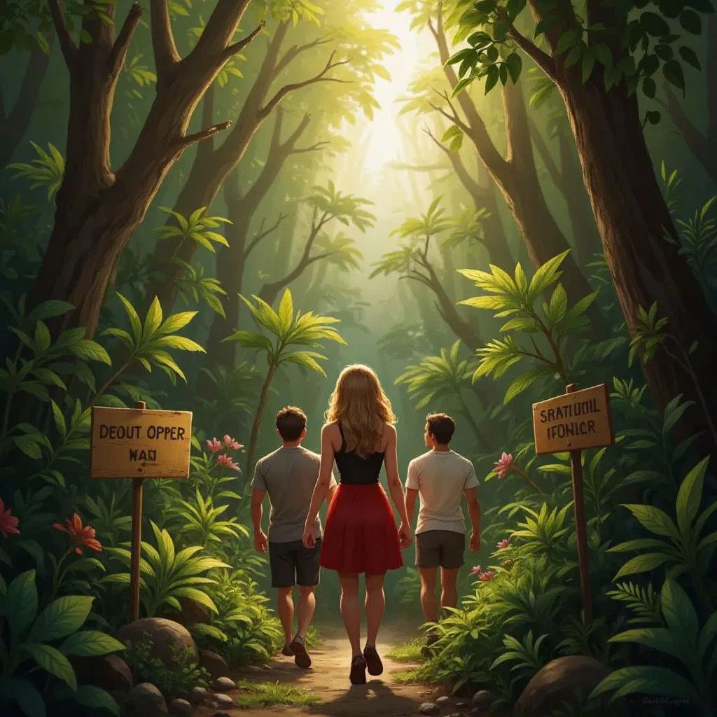 A thick jungle with tall trees, Claudia and friends following hidden signs