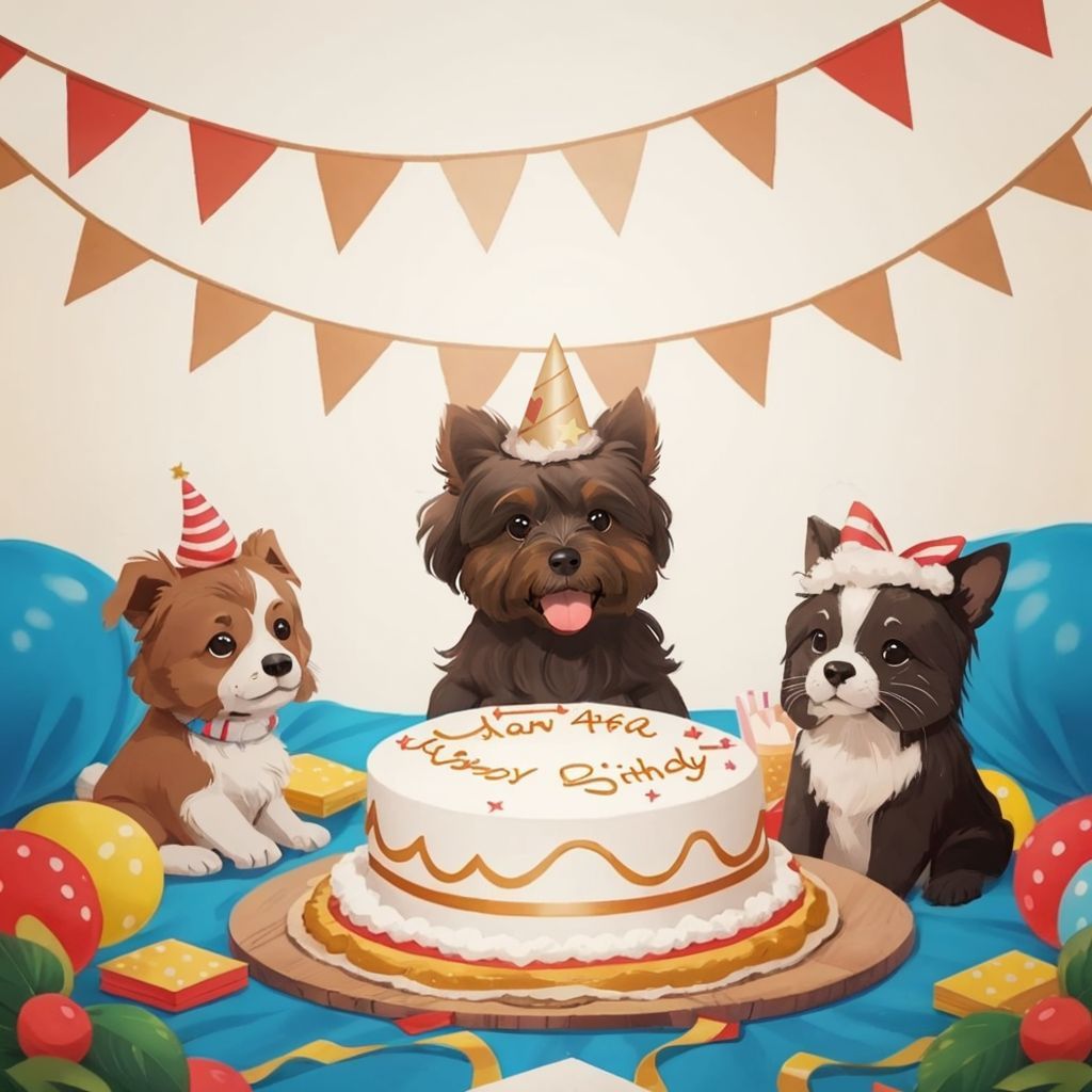 Huggy celebrating his birthday with a party hat, surrounded by friends and decorations