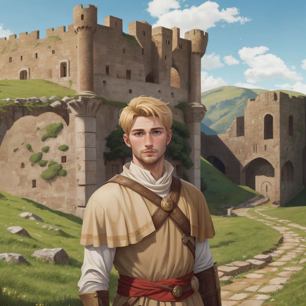 Macsen standing in front of a beautiful castle in Wales, with a look of awe on his face.