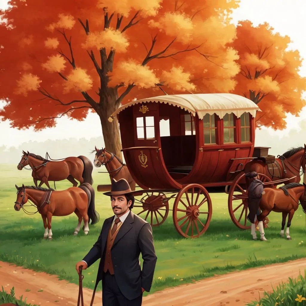 The Horse Master working underneath a stunning carriage, with six large chestnut horses harnessed to it, standing motionless on a dirt road in the middle of a wide field.