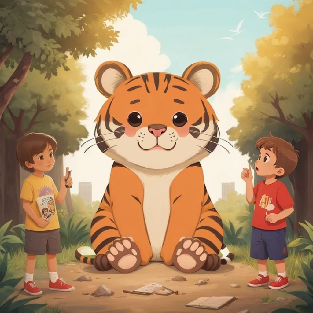 Jaden the nervous tiger with a proud expression, standing with friends at the end of the zoo trip