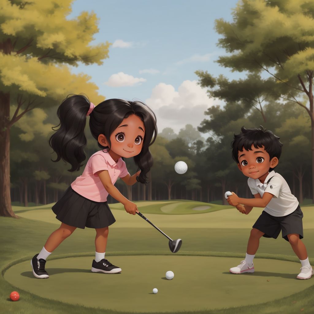 Juliet hitting a golf ball with a look of concentration on her face. The ball is mid-air, and Ty is clapping in the background.