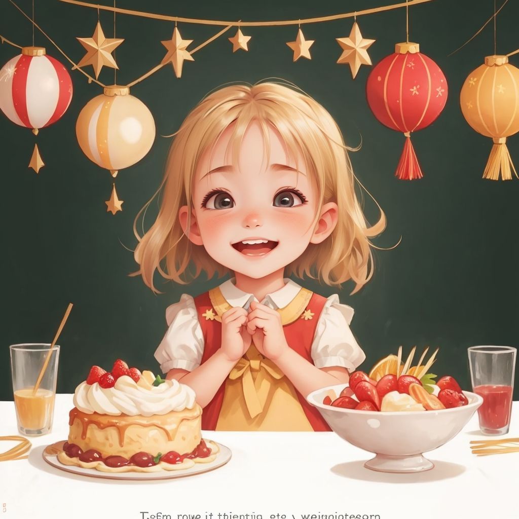 Ish imagining a grand feast with a dreamy expression, with a festive background.