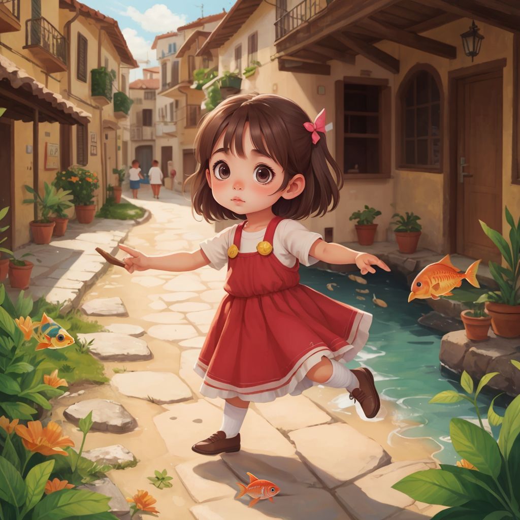 Talia dancing with little fish in the magical city of Talantis, her face full of joy and wonder