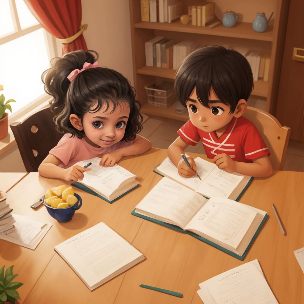 Mayar helping Saeed with his homework at a kitchen table, both smiling