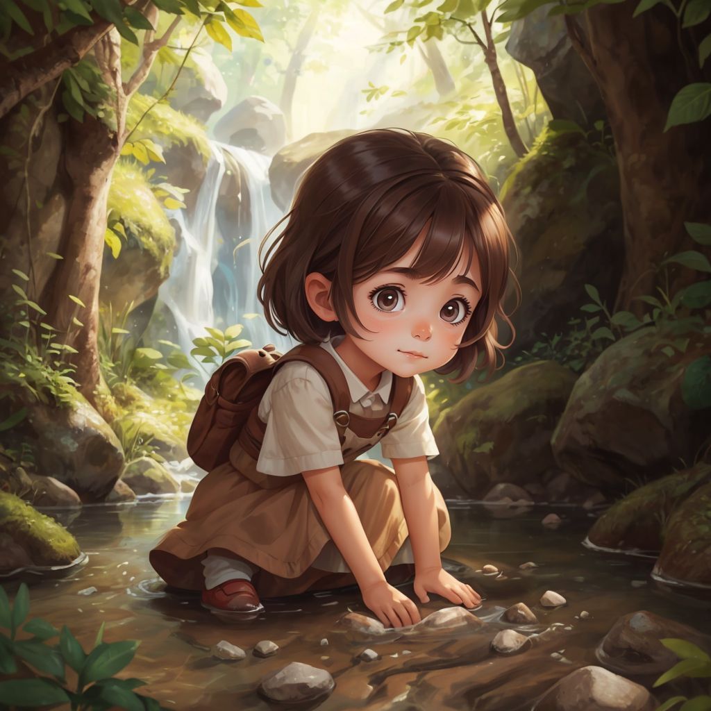 Antonia leaning over a crystal-clear stream, looking at her reflection in the water
