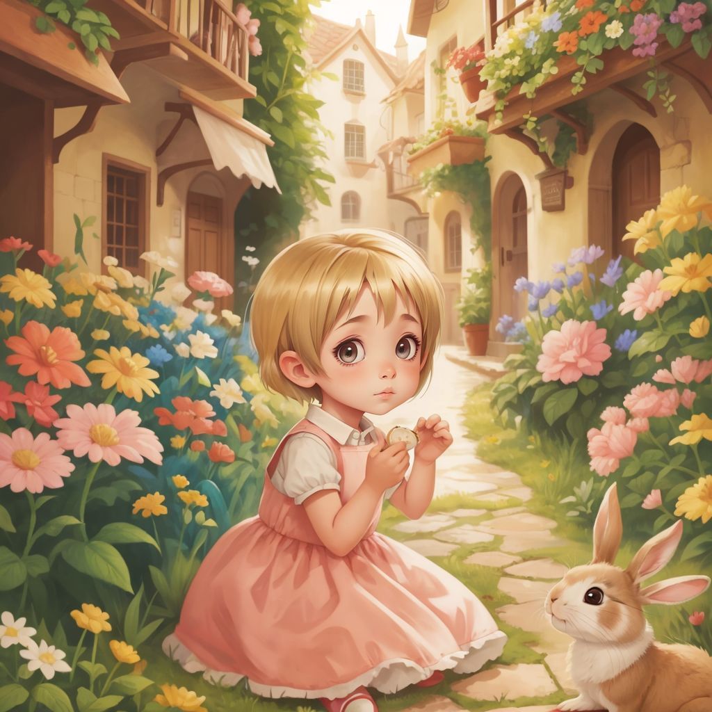 Alice playing with a friendly rabbit in a colorful secret garden