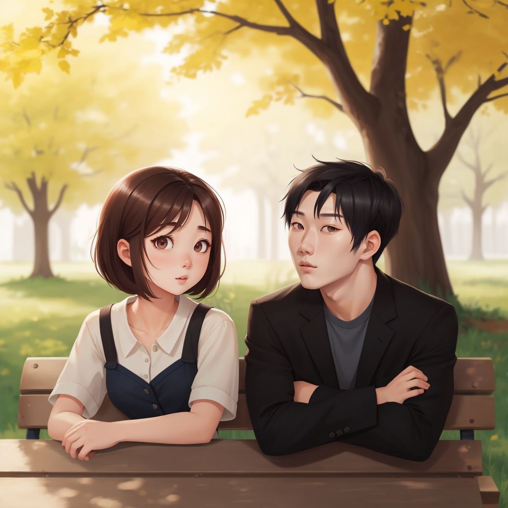 Анна and Ли sitting together on a park bench, both smiling and laughing
