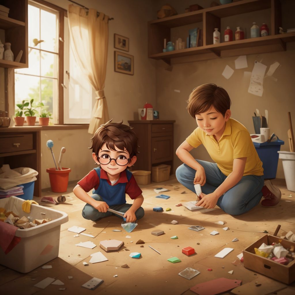 Leon and his mom cleaning up broken glass together with a smile