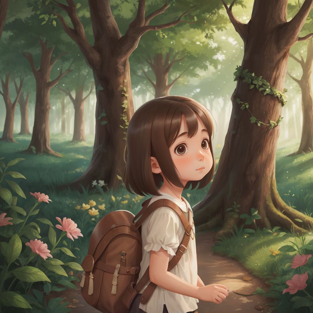 Luna standing at the edge of the enchanted forest, gazing at a shimmering path glowing in the woods.