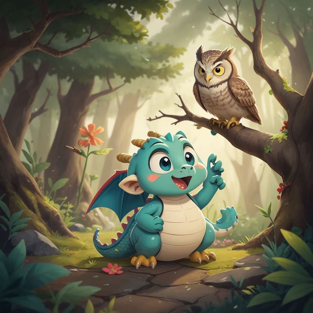 Rio with shimmering scales looking up at The Wise Owl perched on a gnarled branch in the forest.
