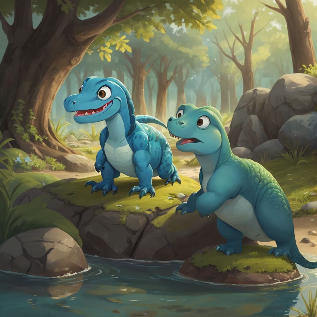 Buck the Velociraptor smiling and encouraging Arlo the Apatosaurus at the riverbank. Arlo looking determined as he steps into the water