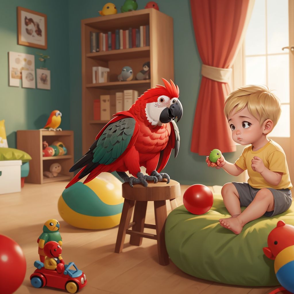 Jack the parrot pointing at a red ball with his beak, while Efe looks on with curiosity. Various colorful toys are scattered around.