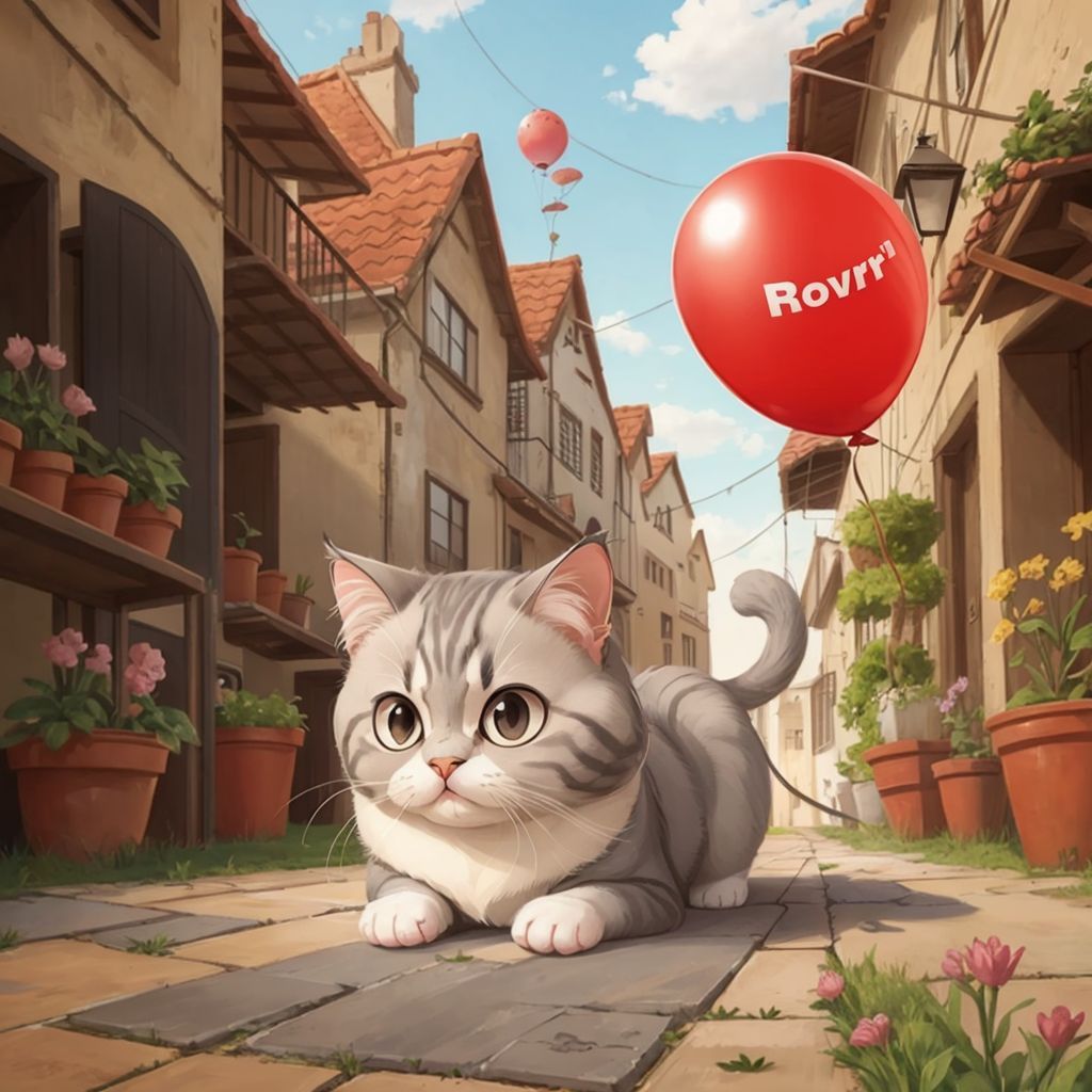 Kitty the cat chasing a red balloon that is bouncing in the air
