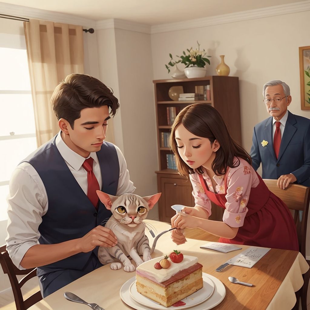 Salazar bouncing into Salazar's mum's flowery dress, with Salazar's dad loosening his tie. A beautiful cake on the table, and Salazar's grandparents exchanging satisfied glances.