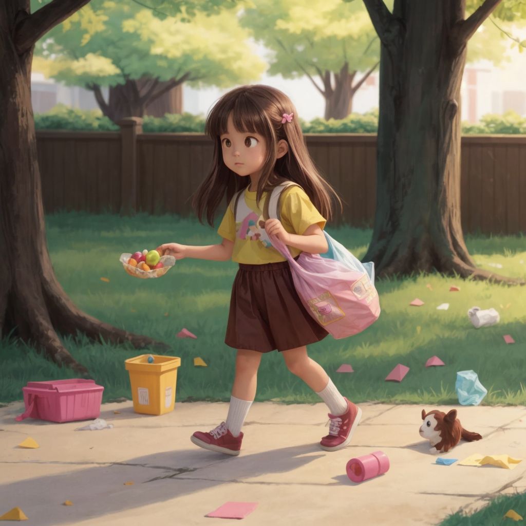 Divine playing outside with toys scattered around and a snack in her hand, but no trash bag in sight.