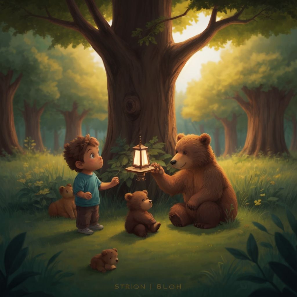 Pookie and the little boy comforting a disheartened Baby Bear near the big oak tree.
