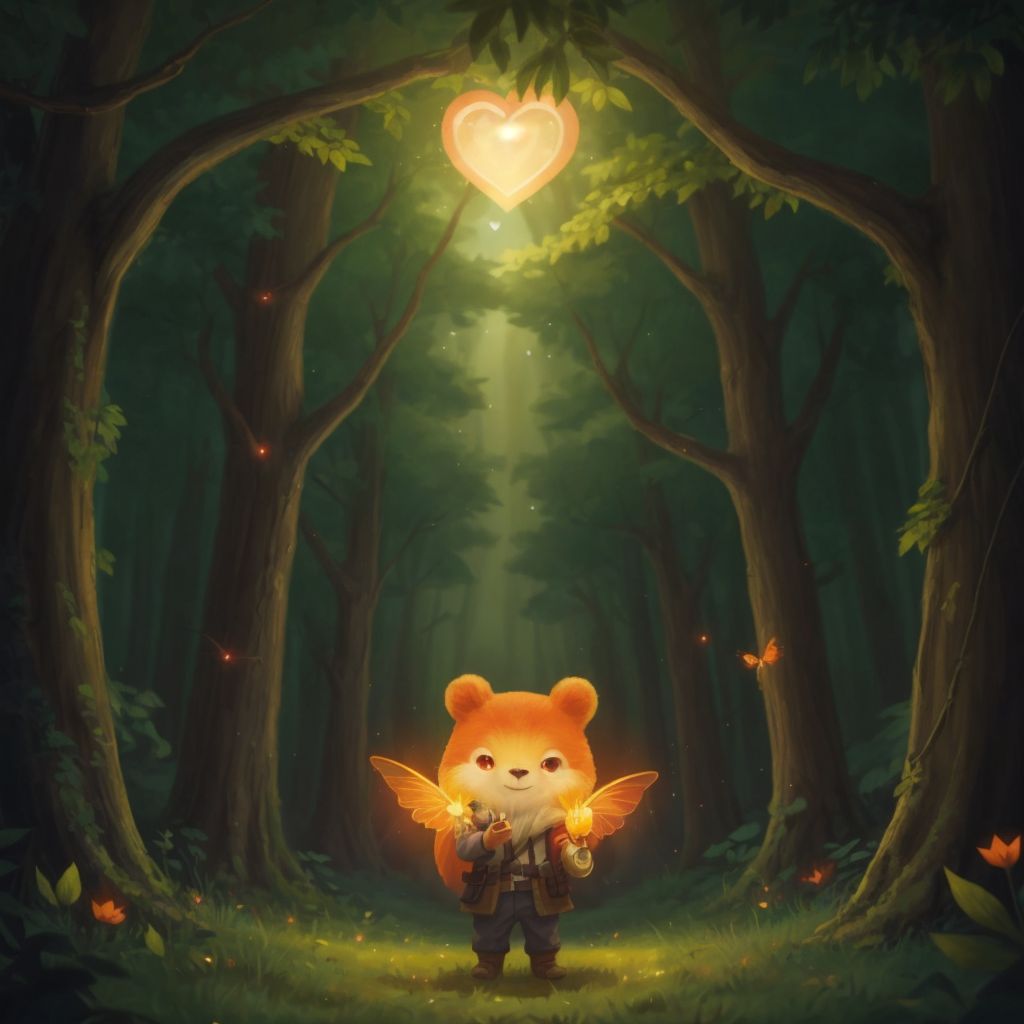 Sparky the firefly with a warm glow, surrounded by a mystical forest with twinkling lights in the background.