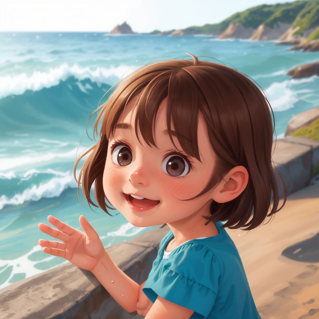 Emily at the water's edge, looking excitedly at the ocean ahead.