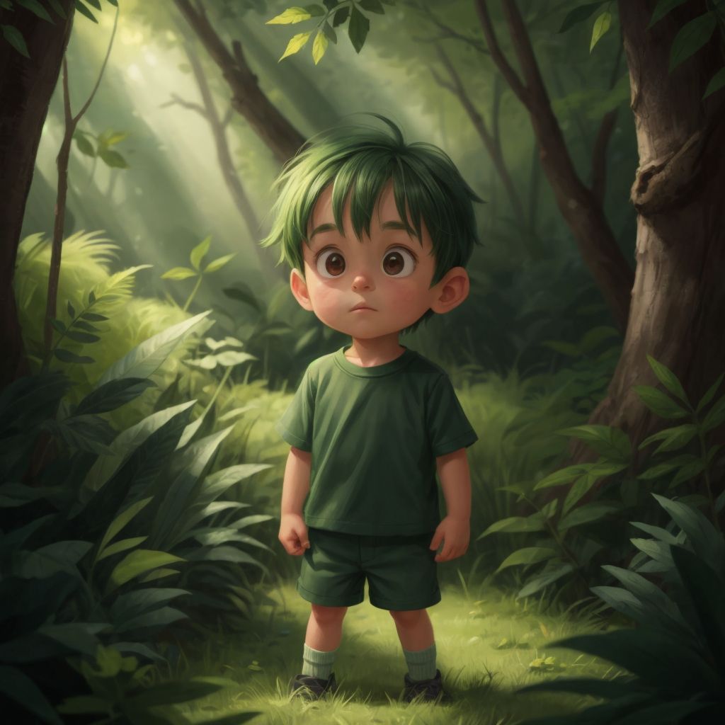 The little boy in green shorts, looking concerned and attentive in the forest.