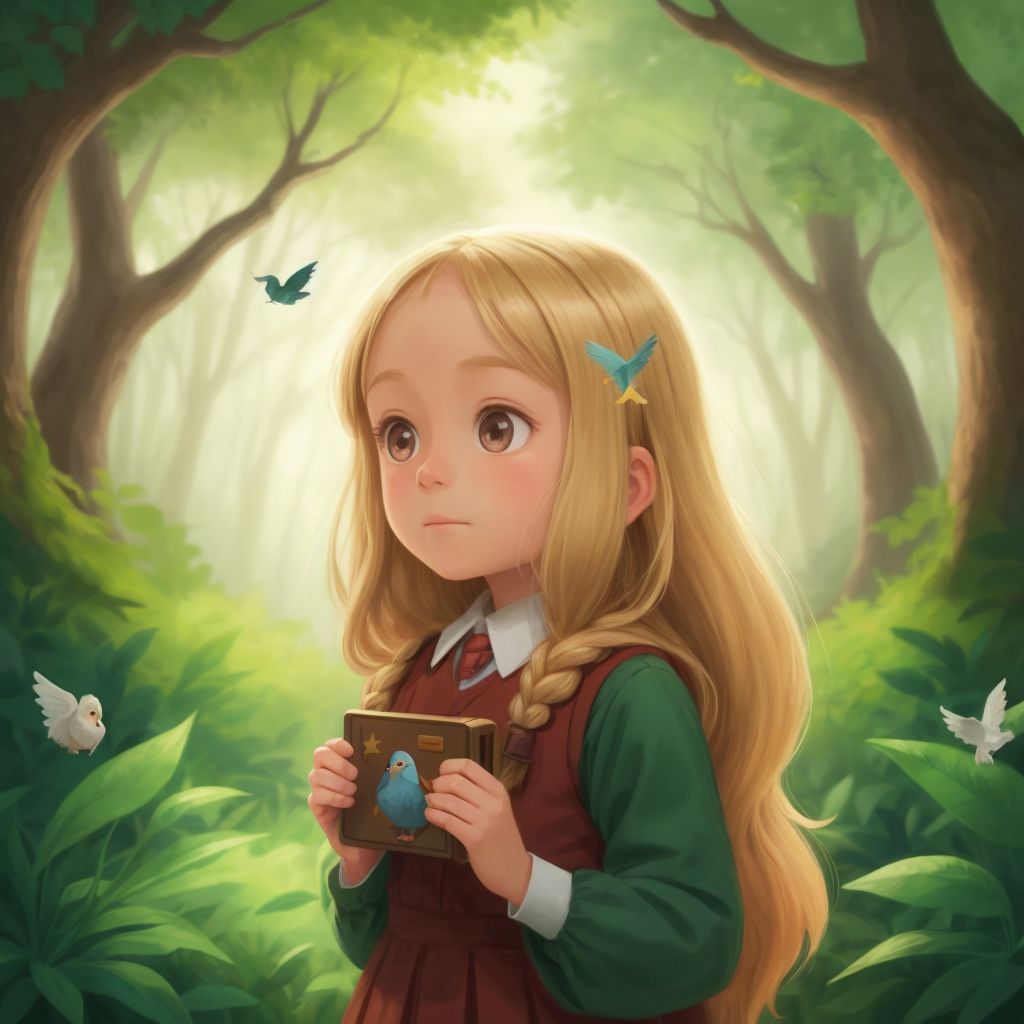 Gracie following a beautiful bird through the forest, a look of hope on her face