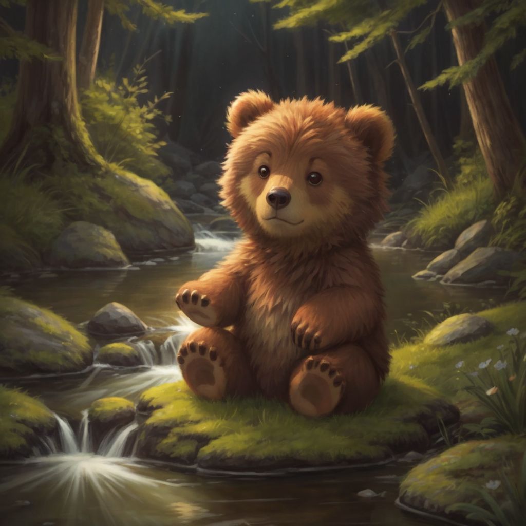 Baby Bear sitting alone by a sparkling stream with a sad expression.