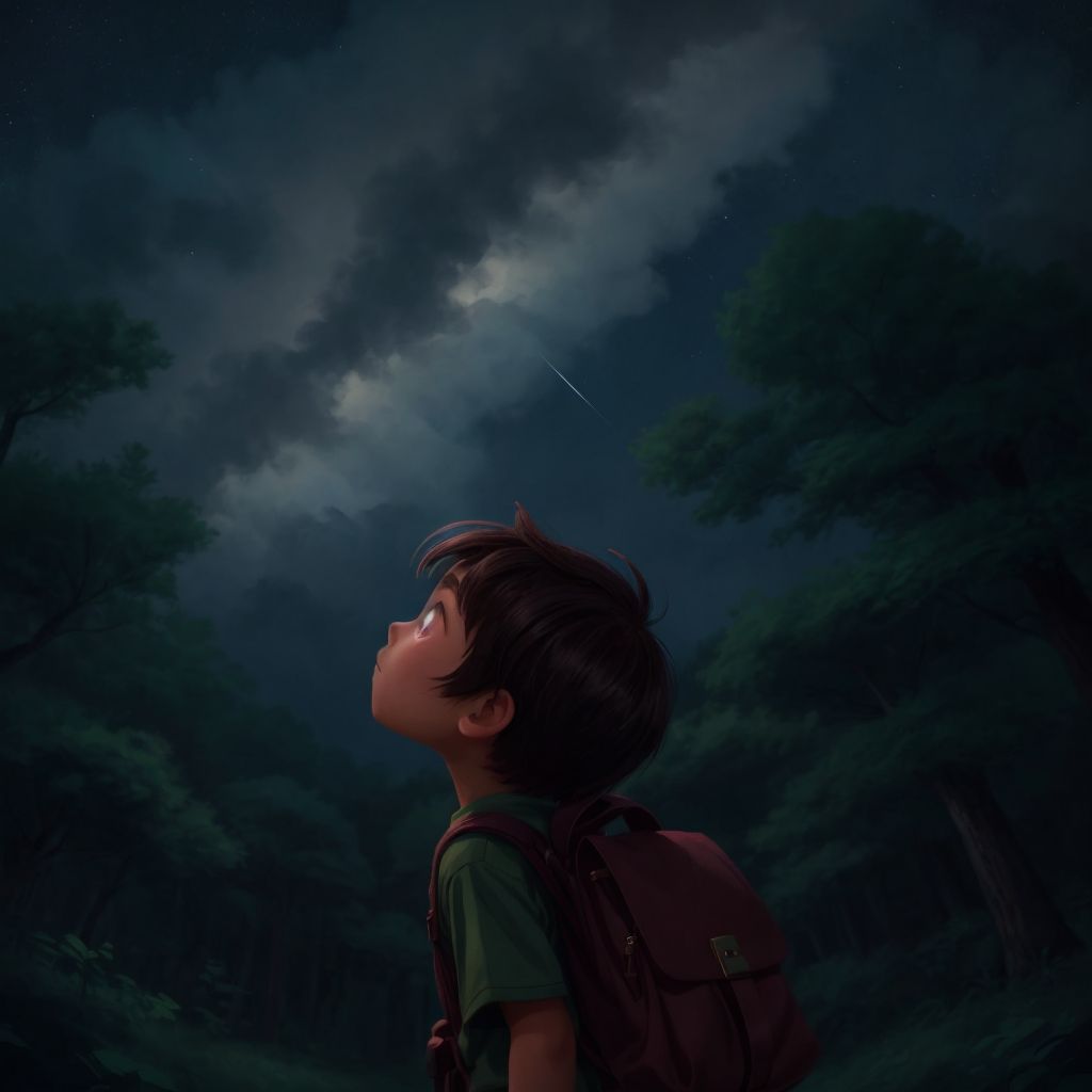 Danny, with a backpack, looking up in awe at the magical night sky filled with stars, silhouettes of the forest around