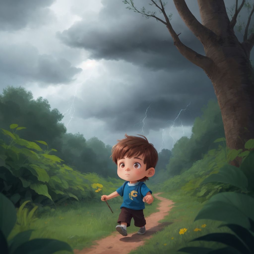Charlie navigating through thickets, determination on his face as storm clouds gather