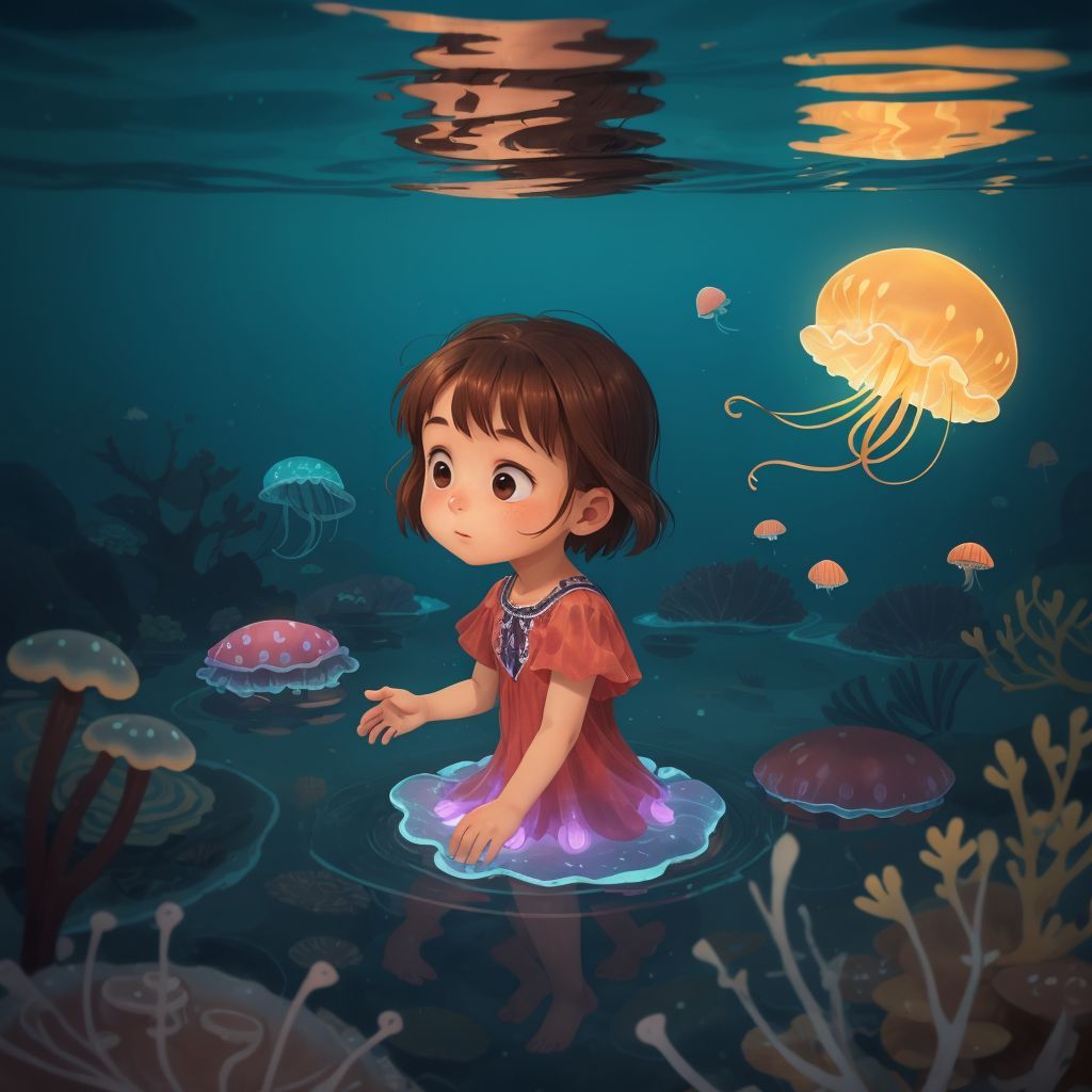 Glowing jellyfish in shallow water, with Emily observing them curiously from a distance.