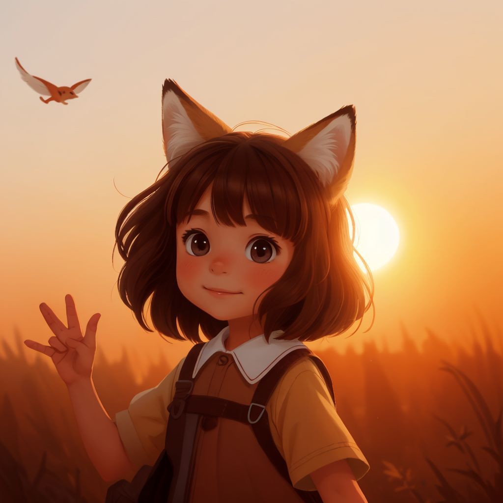 Lily waving goodbye to the fox, the rising sun behind her