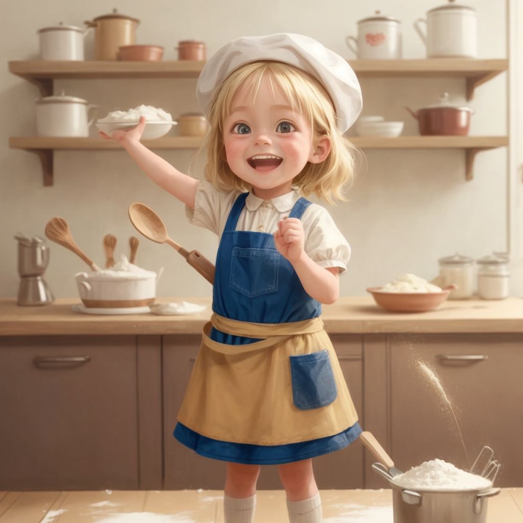 Amore, with a joyful expression, wearing a baker's hat and covered in flour, standing in a kitchen surrounded by baking ingredients.