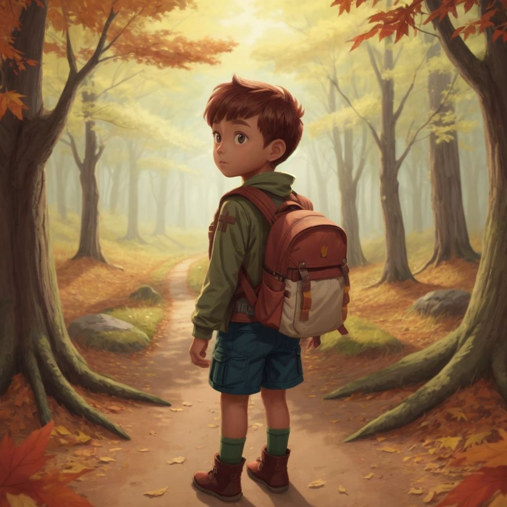 Quincy with a backpack, ready for adventure, standing at the edge of the woods with autumn leaves.