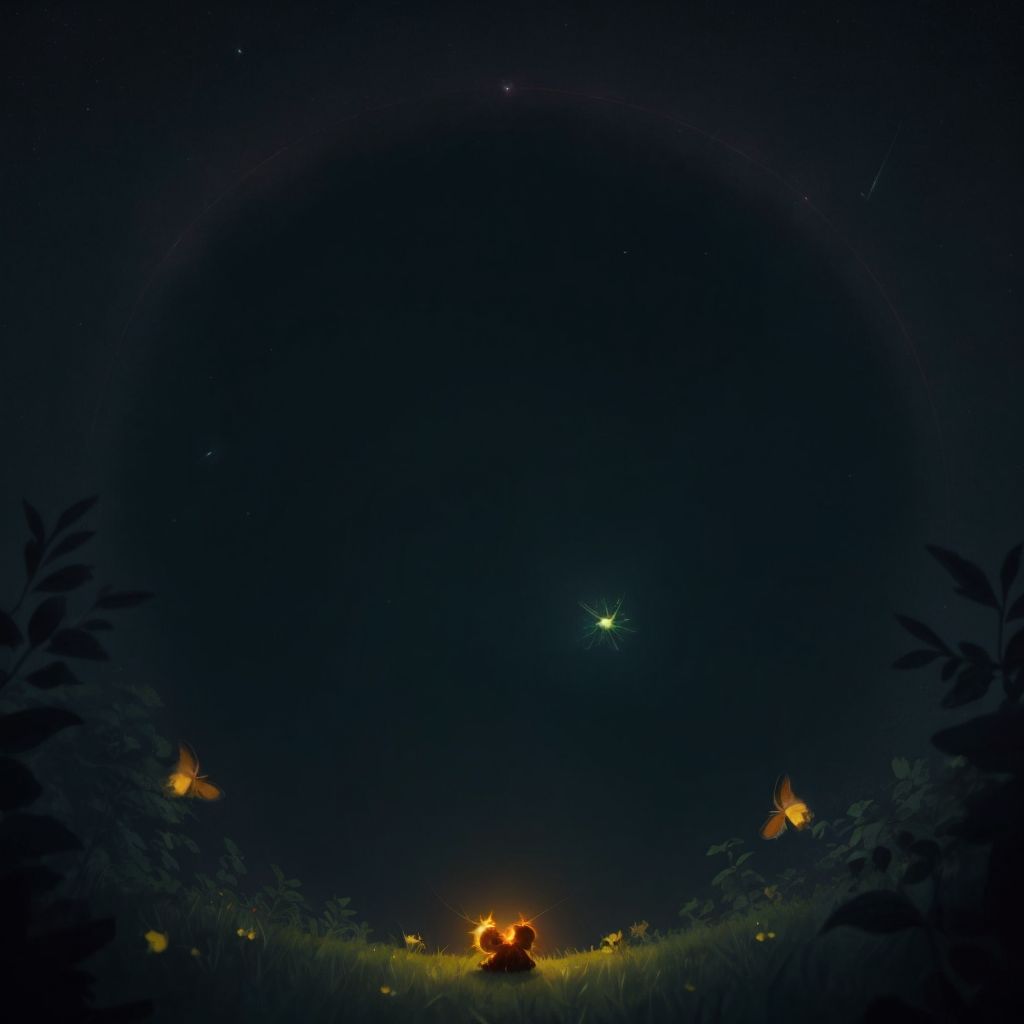 Numerous fireflies creating a spectacular light show in the night sky, with Sparky at the center, basking in the glow.